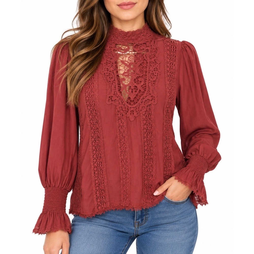 Free People FP One Womens Lace Trim Victorian Blouse Top Rust Red XS